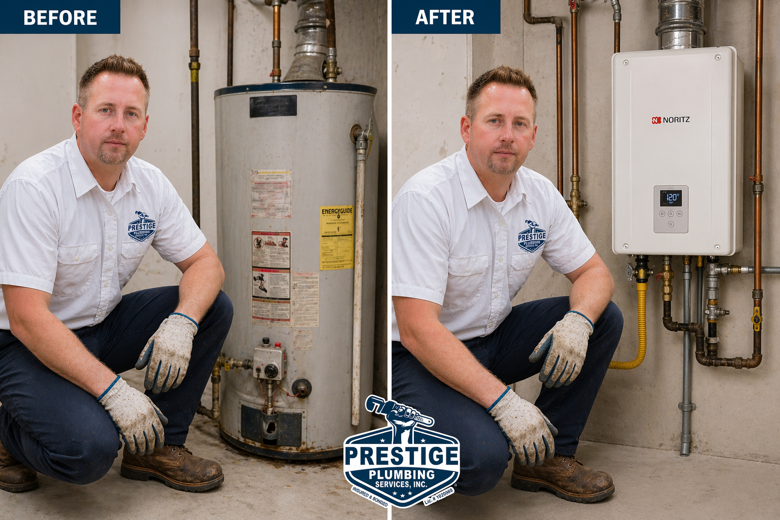 water heater replaced with tankless water heater before and after picture in Burbank CA