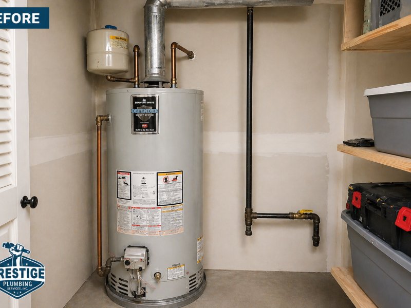 Damaged water heater before replacement